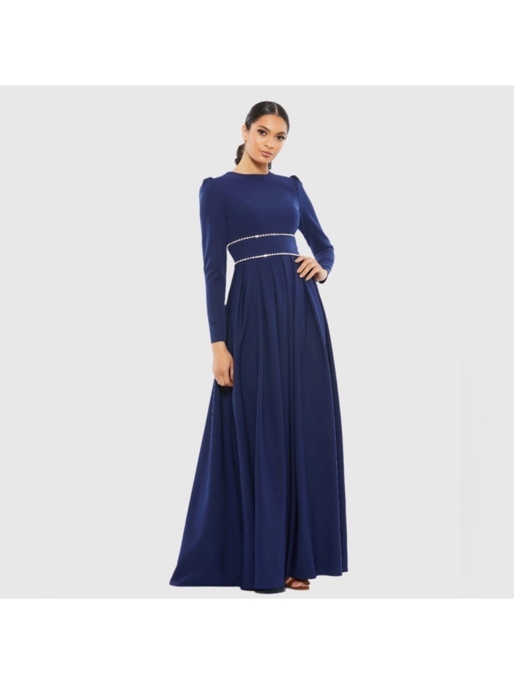 MAC DUGGAL Dress Size 12 Evening Gown Navy Blue Rhinestone Gem NEW Puff Shoulder